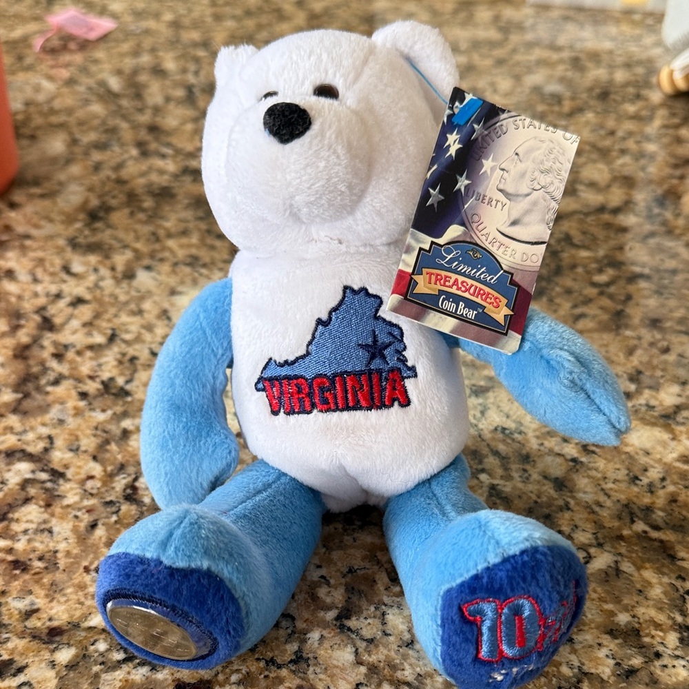 Virginia Coin Bear Stuffed Animal - White and Blue
